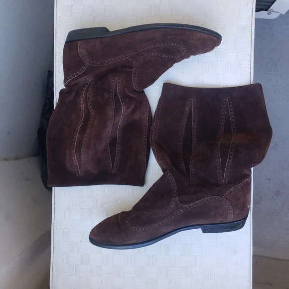Vtg 80s brown Suede boho westernboots mid calf barrel shaft boots 9